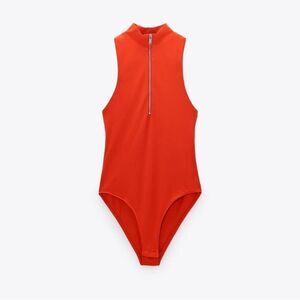 NWT Zara Red Sleeveless Mock Neck Zip-Up Bodysuit Size Small